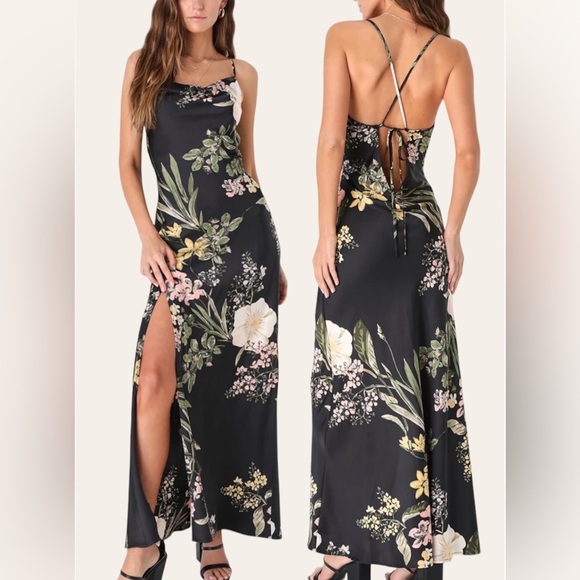 Lulus Dresses & Skirts - ❌SOLD - LuLu’s Black Floral Satin Cowl Neck Maxi Dress NWT